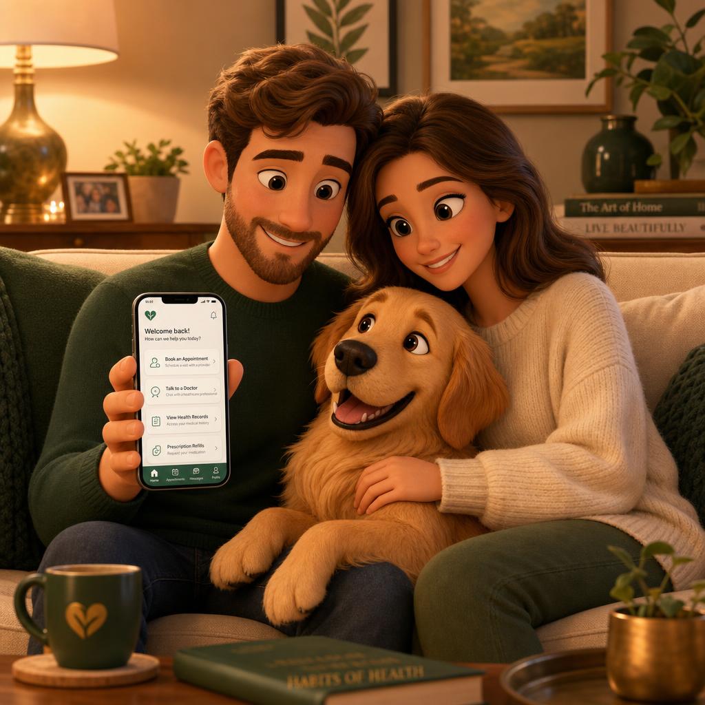 A couple sitting on a couch with their Golden Retriever, looking at the Shep app on a phone